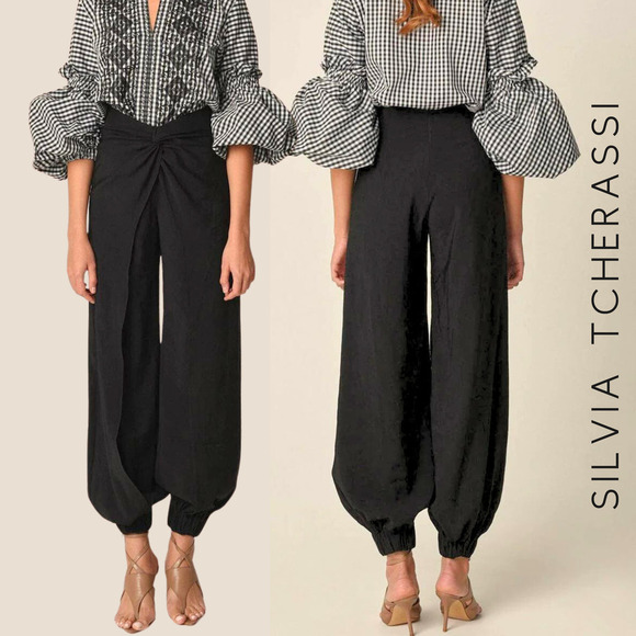 Silvia Tcherassi NWT Raimondo Wide-Leg Flowy Pant with Cinched Ankle in Black XS - Picture 14 of 14